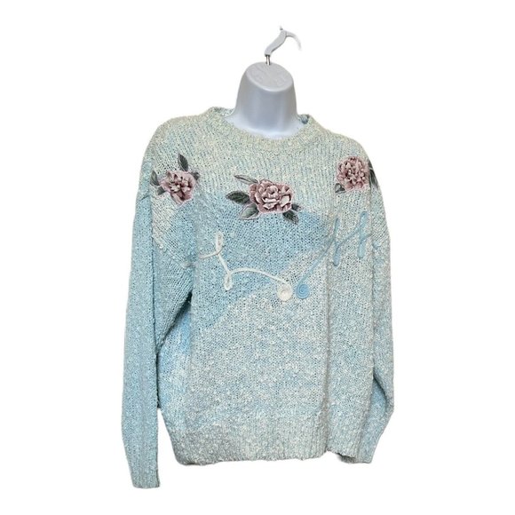 Vintage 80s Sweater with Appliqué Needles & Yarn Size L Pastel Blue Faux Pearls - Picture 2 of 6